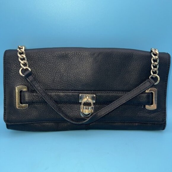 Calvin Klein Black Leather "Gold" Purse Good Condition With Lock Hardware, Strap - Picture 1 of 11